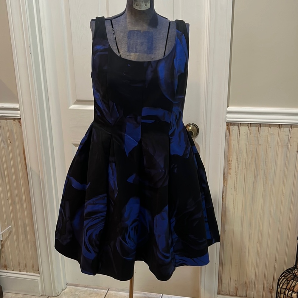 Beautiful, royal blue and black asymmetrical dress with POCKETS!